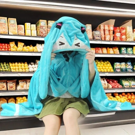 160x100cm Kawaii Hatsune Miku Multifunction Hooded Air Conditioning Blanket Soft And Warm Siesta Shawl Miku Flannel Cloak Gifts