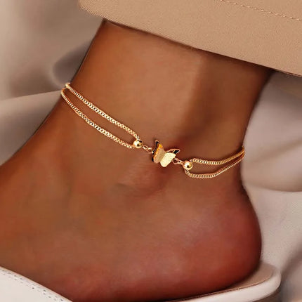 Stainless Steel Metal Double Layer Butterfly Anklet For Women Fashion Gold Color Adjustable Feet Chain Anklet Jewelry Gifts