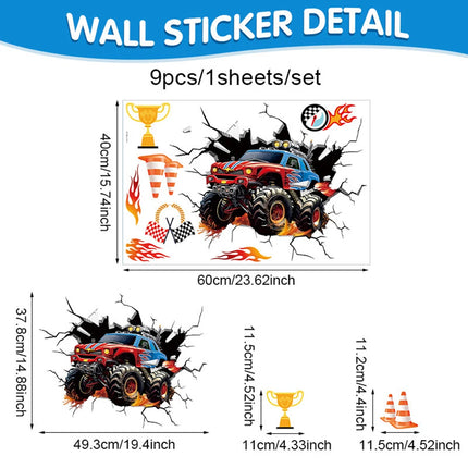 3D Racing Car Wall Decals for Kids Room Monster Truck Break Through Wall Sticker Peel Decal for Baby Boys Bedroom Playroom Decor
