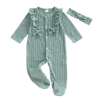 Baby Girl Footed Romper Duck Solid Color Bow Ruffled Long Sleeve Round Neck Jumpsuit with Bow Headband