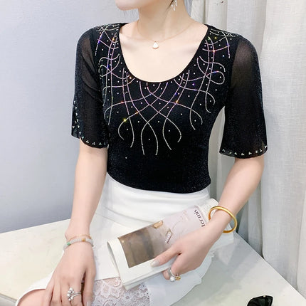 2025 Spring Summer Mesh Tops Korean Fashion Diamond T Shirt Slim 3/4 Sleeve Hollow Out Casual Women Shirt