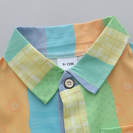 2PCS baby and toddler summer full print three color vertical stripe pattern stand up collar shirt short sleeved shorts set