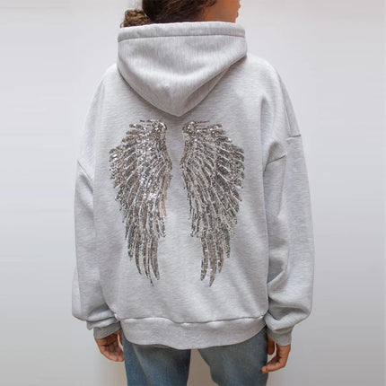 2026 Casual Lady Sweatshirt Set Sequins Angel's Wings Hoodies Women Y2k Chic Loose Long Sleeve Pullovers Top Slim Yoga Pant Set
