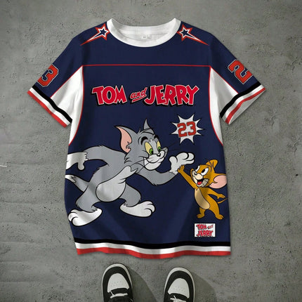 Summer Tom and Jerry Design Pattern Printed Children's Sweatshirts Casual Sports Short Sleeve Loose Round Neck Pullover T-shirts