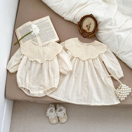 2026 Spring Princess Infant Baby Girl Bodysuit Sisters Dress Flower Embroidery Dress For Infant Sibling Girls Toddler Outfit