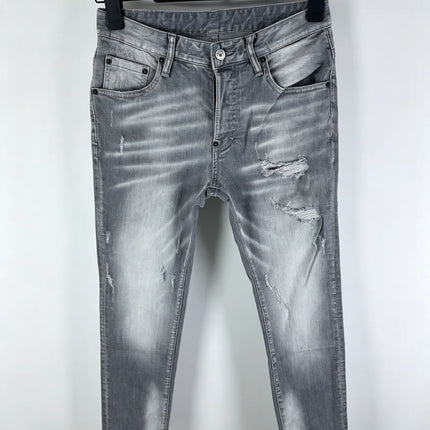 6058 Four Seasons New Men's Wash Grinding Hole Patch Paint Splash Ink Micro-bullet Leg Grey Jeans for Men