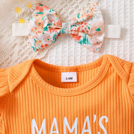 0-2 Year Old Newborn Girl Baby Summer Cotton Short Sleeved Headband Top With Letter Print Shorts Bow Three Piece Set