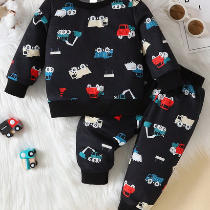 Baby autumn cartoon style two-piece set with engineering car printing and velvet hoodie pants for casual occasions