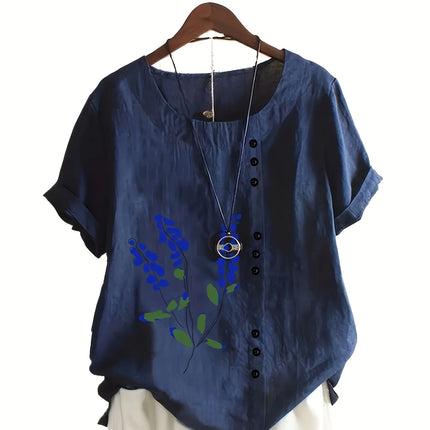 Plus Size Women's Fashion Floral Print Shirt Casual Round Neck Daily Top for Women