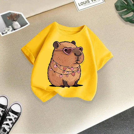 2025 Summer New Cute Animal Kapibala Fashion Printed Children's T-shirt Short Sleeve Fashion Pure Cotton Children's Clothing