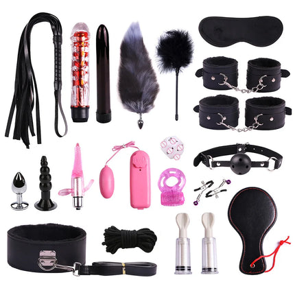 23PCS BDSM Bondage Set Handcuffs Ball Gag Whip Anal Plug Vibrator Egg Sex Toy for Women Men Couples Fetish Slave Role Play Kit
