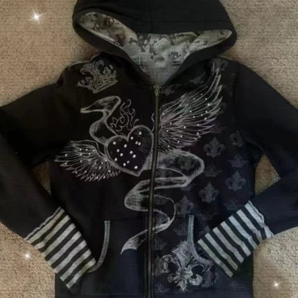 Autumn Winter American Vintage Print Hooded Sweatshirt Women Y2K Gothic Hot Girl Jacket Streewear Subculture Retro Tops New