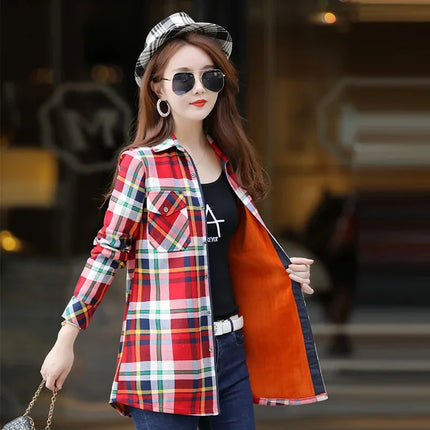 Thickened Fleece Women's Long Sleeve Shirt Warm Slim Fit Midi Length Plaid Korean Style Fashionable Women's Button-up Top
