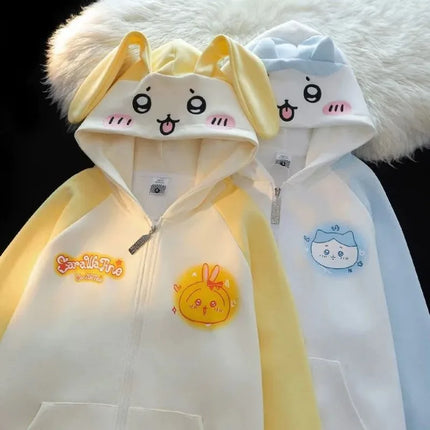 Japanese Kawaii Rabbit Ears Hoodie Sweatshirts Spring Autumn Lazy Sweet White Blue Cardigan Long Sleeve Loose Knitted Top