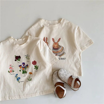 2025 Summer Kids Clothes Children Short Sleeve Korean Style Rabbit Flower Print T-Shirt Baby Girls Half Sleeve Round Neck Tops