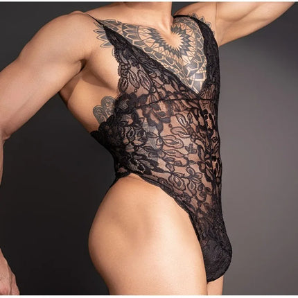 Sissy Lingerie Floral Lace Bodysuit Men's Sexy See Through Unitard Leotard Male Sleeveless Tshirt Undershirt Gay Club Nightwear