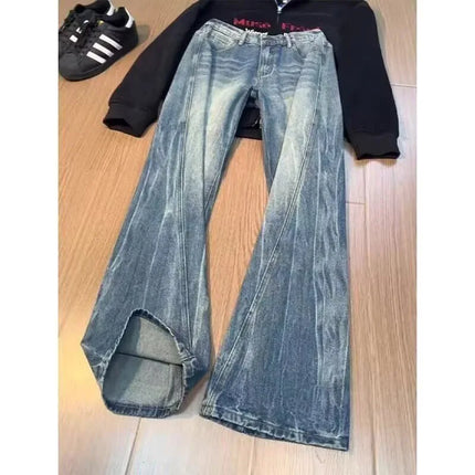 Vintage Men's Jeans Man Pants High Street Washed Denim Blue Jeans Straight Leg Slight Flare Casual Trousers