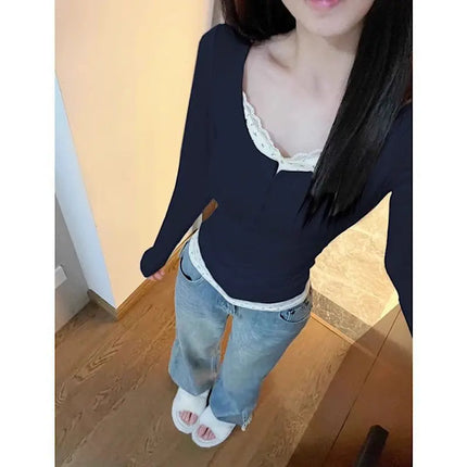 Women's Streetwear Fake Two-Piece Long Sleeve T-shirt Floral Lace Trim Casual Slim Fit Tees Female Autumn Winter Bottoming Top