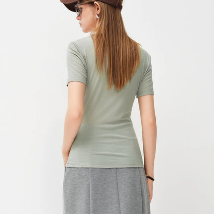 FSLE 2026 Spring Summer Women's Slim Fit V-Neck Short Sleeve Knit Top Mulberry Silk Cupro Blend Shirt for Lightweight Soft Touch