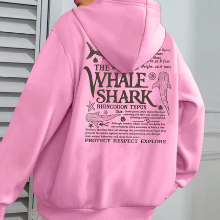 Creative Whale Shark With Letters Print Woman'S Streetwear Soft Trendy Hoodies Solid Color Warm Clothes Loose Hip Hop Hoody