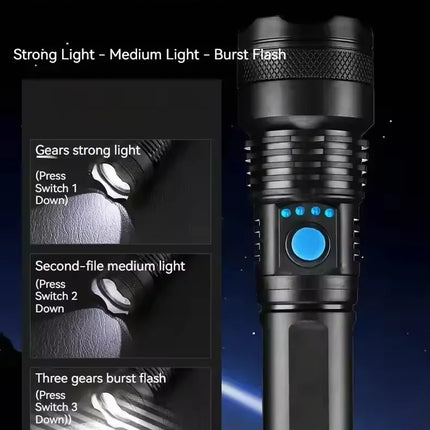 High Power LED Tactical Flashlight Rechargeable Light  Bright Telescopic Zoom Handheld Hunting Torch Light for Emergency Hiking