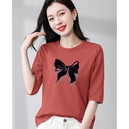 High-End Pure Cotton T-Shirt Women's Summer 3/4 Sleeve 2025 New Korean Style Fashionable Simple Slimming Top Body Shirt