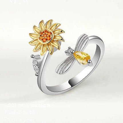 VENTFILLE 925 Sterling Silver Sunflower Diamond Zircon Rotatable Ring For Women Gift Relieve Stress Ring Jewelry Wholesale