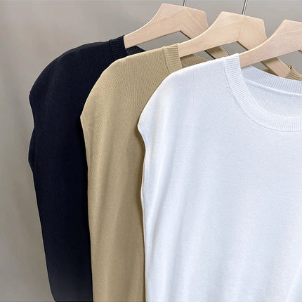 Ice Silk Knitted Top Women's Summer Thin Shoulder Drop Round Neck Short Sleeve T-shirt Pure Color Commute Style Outerwear
