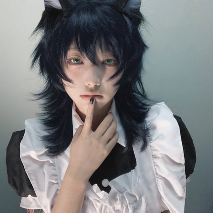 16Inch Blue Black Color Handsome Synthetic Wig With Bang Medium Natural Wavy Hair Wig for Man or Women Cosplay Heat Resistant