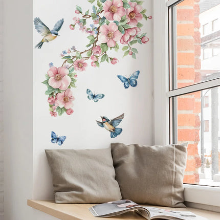 1PCS Watercolor Peach Tree Branches Leaves Bird Butterfly Bedroom Living Room Home Beautify Decorative Wall Stickers
