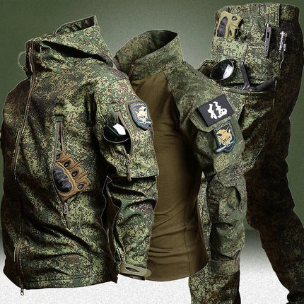 RU Camo Waterproof Sets Men Winter Fleece Hooded Jacket+Breathable Long Sleeve Tshirts+Straight Cargo Pant Soft Shell Suit