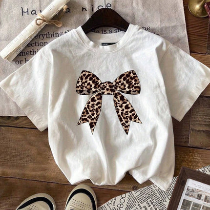 Kids T-shirts Suitable For Spring/Summer Fashion Bowknot Decorative Pattern Leopard Print Casual Simple Girls Round Neck Tees