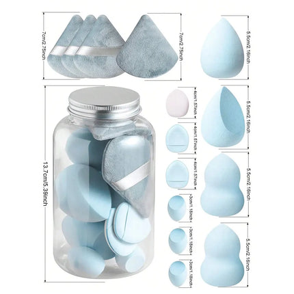15pcs Mini Honey Pot Style Cosmetic Sponge Set - 4 Large Beauty Blenders, 4 Fan-Shaped Powder Puffs, 4 Mini Beauty Blenders, And