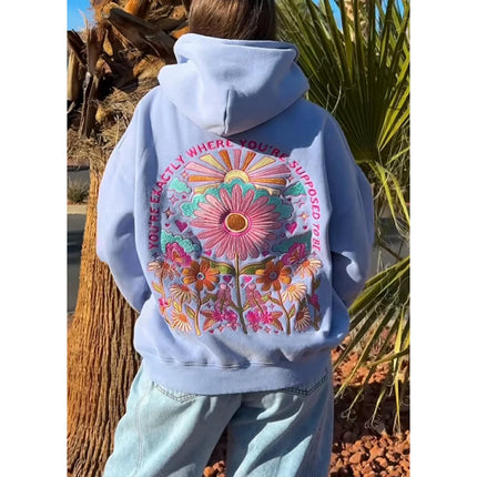 Combhasaki Women's Y2K Floral Letter Embroidered Hooded Pullover Cozy Stylish Long Sleeve Loose Sweatshirts with Kangaroo Pocket