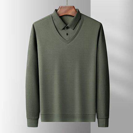 Men's Casual Fashion Long Sleeve Solid Color Polo Shirt 2025 Business Versatile Top All Season Fake Two-Piece