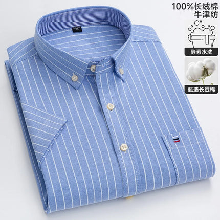 New 100% Cotton Oxford Men's Shirts Short Sleeve Plaid Soft Regular Fit Formal Dress Shirt Social Blouse Male Clothes 6XL 7XL