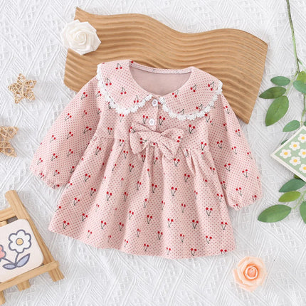 Spring and Autumn New Children's Skirt 0-3 Year Old Baby Girl Cartoon Cherry Fresh Dress Bow Decoration Collar Top