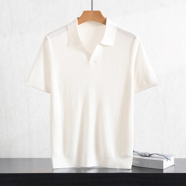 Summer New Men's 100% Lyocell Polo Neck Solid T-Shirt Knitted Pullover Polo Shirts Business Casual Short Sleeve Thin Tops Tees