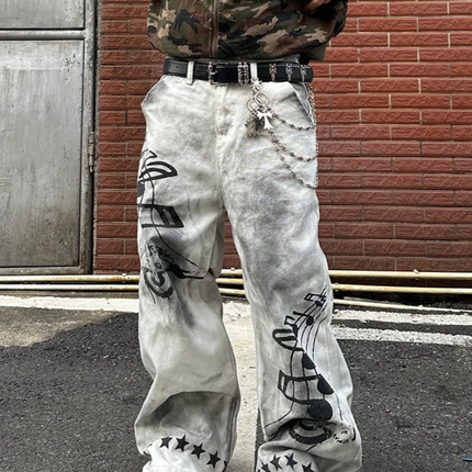2026 American Retro Y2K Style Dirty Washed White Baggy Jeans Pants For Men Clothing Star Printed Straight Cotton Long Trousers