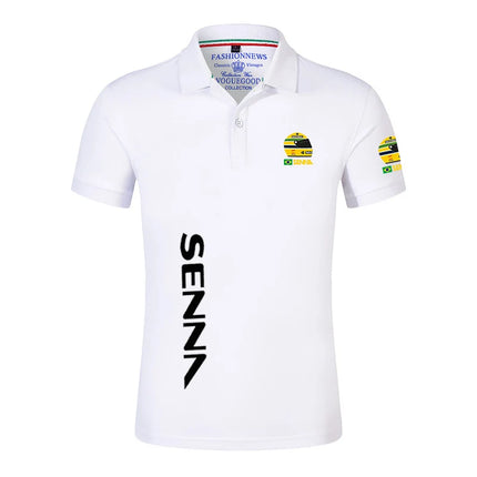 2025 Summer Ayrton Senna Print Casual Lapel Collar Breathable Solid Color Polo Shirt Men Trendy High Quality Cotton Short Sleeve