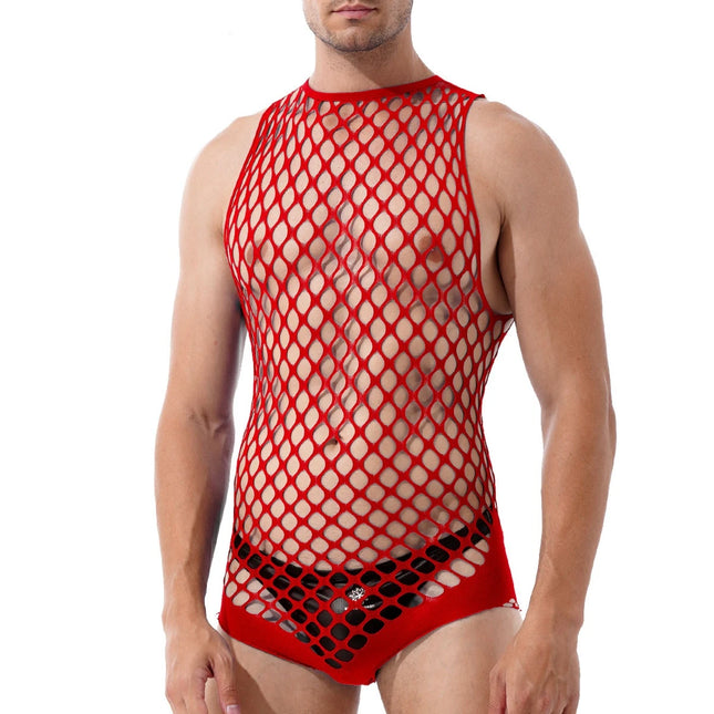 Men's Sexy Lingerie Fishnet Bodysuit Hollow Out Underwear Mesh Sleeveless Bandage Jumpsuit Guy Erotic Party Nightclub Wear
