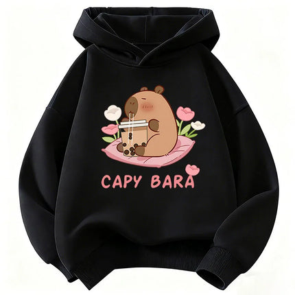 Kawaii Capybara Drinking Juice Hoodie Kids Flower Children's Sweatshirt Hoody for Boys Girls Casual Hoodies Clothes