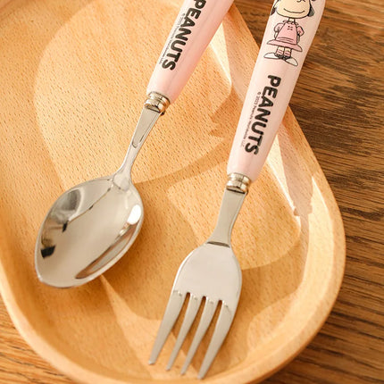 Genuine 2Pcs Cute Cartoon Snoopy Stainless Steel Spoon Ceramic Handle Spoon Fork Children's Tableware