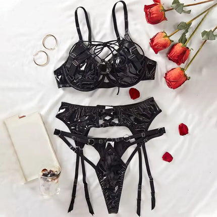 Tornova Erotic Lingerie Sexy Patent Leather PU Push-up Ring Buckle Stitching Hollow Backless Women Sexy Lingerie Three-piece Set