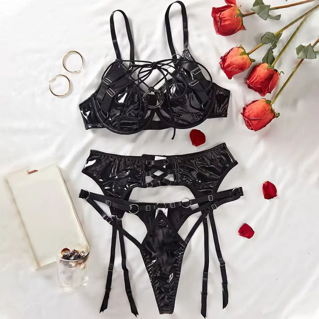 Tornova Erotic Lingerie Sexy Patent Leather PU Push-up Ring Buckle Stitching Hollow Backless Women Sexy Lingerie Three-Piece Set