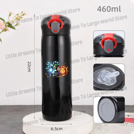 Super Marios Bros 460ml Thermal Cup Men Women Anime Black Straw Bottle Bouncing Lid Portable 304 Stainless Steel Thermo Bottles