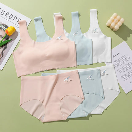Children Underwear Underpants Set Summer Ice Silk Bra With Sponge Pad Student Girl Vest Seamless Bralette Teenagers Tops 25-60kg