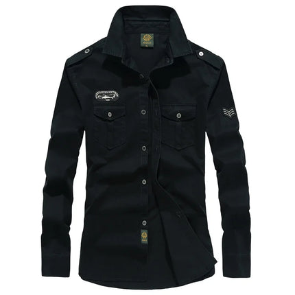 2025 New  Military Shirt Men Long Sleeve Casual Dress Shirt Male Cargo Work Shirts With Embroidery 115