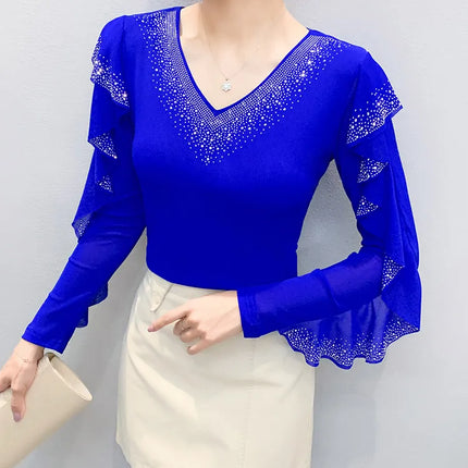 2025 Autumn New Style Mesh Tops Korean Fashion Round Neck Ruffles Shirt Lotus Leaf Edge Hot Diamond Long Sleeve Women T-Shirt