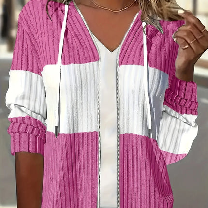 Women's Casual Color Block Hoodie Drawstring Zipper Jacket Streetwear Style with Pockets
